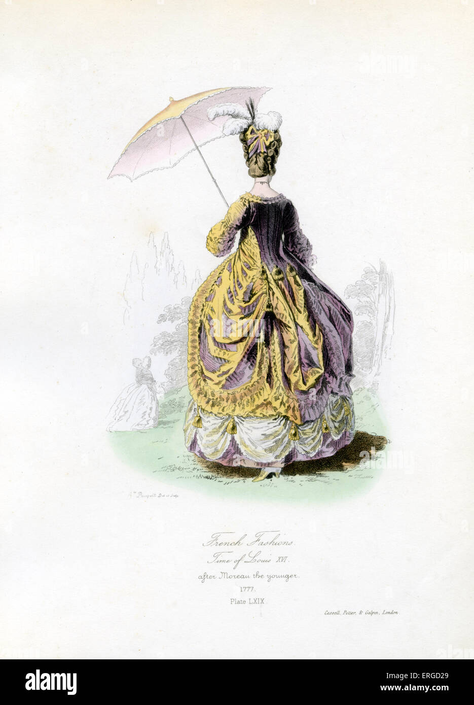 La moda francesa de la época de Luis XVI, 1777 - desde el grabado por Hippolyte Pauquet después Moreau el joven. LXVI, Rey de Foto de stock
