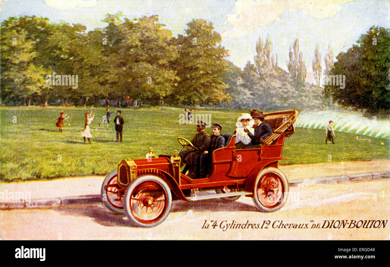 Anuncio francés de Dion-Bouton coche, c. 1904. Muestra el último modelo circulando alrededor de un parque con fuentes y Foto de stock