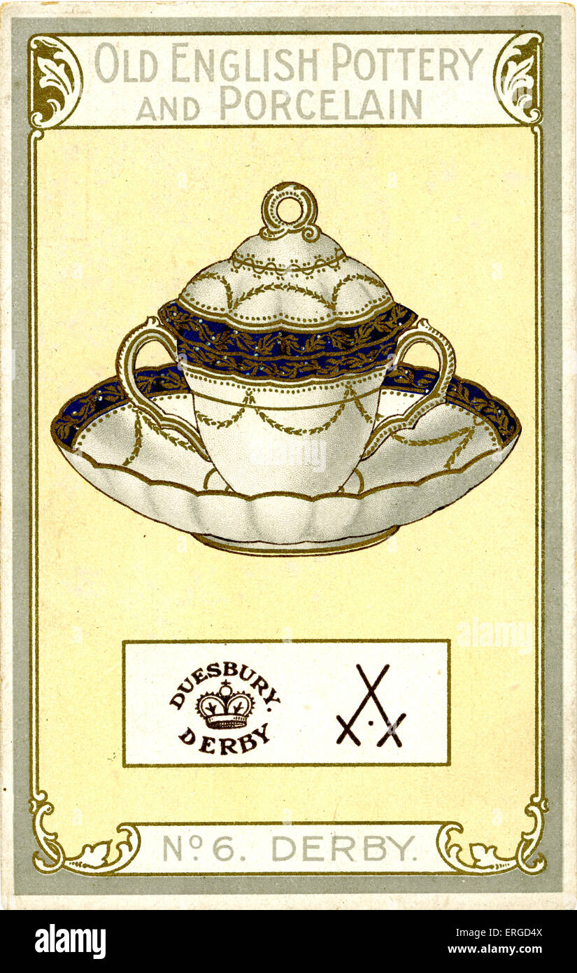 Postal promocional: Derby de porcelana. Nº 6 en el Presidente de la serie de cigarrillos "inglés antiguo" de la cerámica y la porcelana. Título en la parte posterior dice: 'La hermosa copa, tapa y plato, (Museo de South Kensington), notorio por ser acanaladas, lleva la marca Derby Duesbury rara. Realizado en el momento de Wm. El joven, Duesbury (1786-1811). Durante este período se realizaron servicios de George III, el Príncipe de Gales, duquesa de Devonshire y principal nobleza. Las piezas marcadas con D. Y K. (en monograma) con corona, cruzaron los pentagramas y puntos (denotando Dusbury y Kean período 1795) son escasos y muy valiosos". Foto de stock