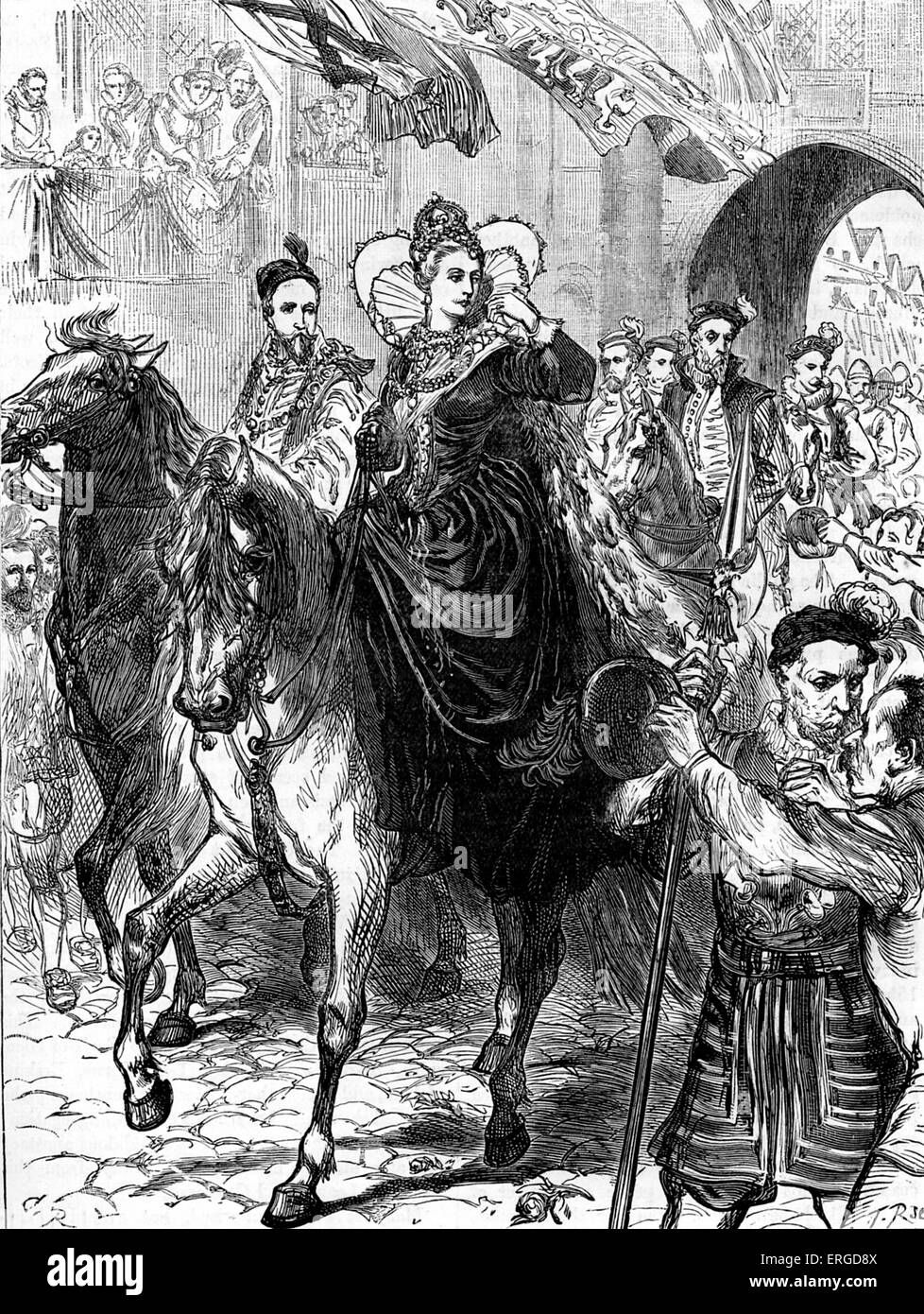 La reina Elizabeth I entra en Londres, el 23 de diciembre de 1558. A caballo acompañado por su corte. Reina de Inglaterra e Irlanda. Foto de stock