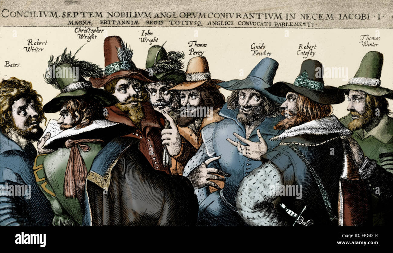La Pólvora, trazadores de conspirar, siglo xvii copperplate grabado por Crispin van de Passe editor holandés y Foto de stock