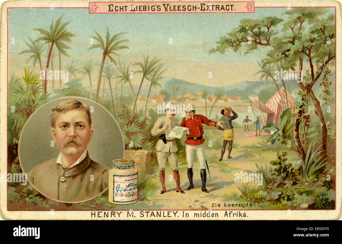 Henry M. Stanley en el África central. 9- 1521. Publicado en 1891. La compañía Liebig serie de cartas coleccionables holandés mostrando famoso Foto de stock