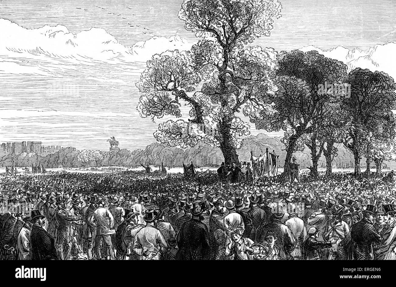 Reunión en los reformadores Árbol, Hyde Park, Londres. Demostración de Hyde Park, el 29 de junio de 1866. Liga de reforma creada en 1865 a Foto de stock