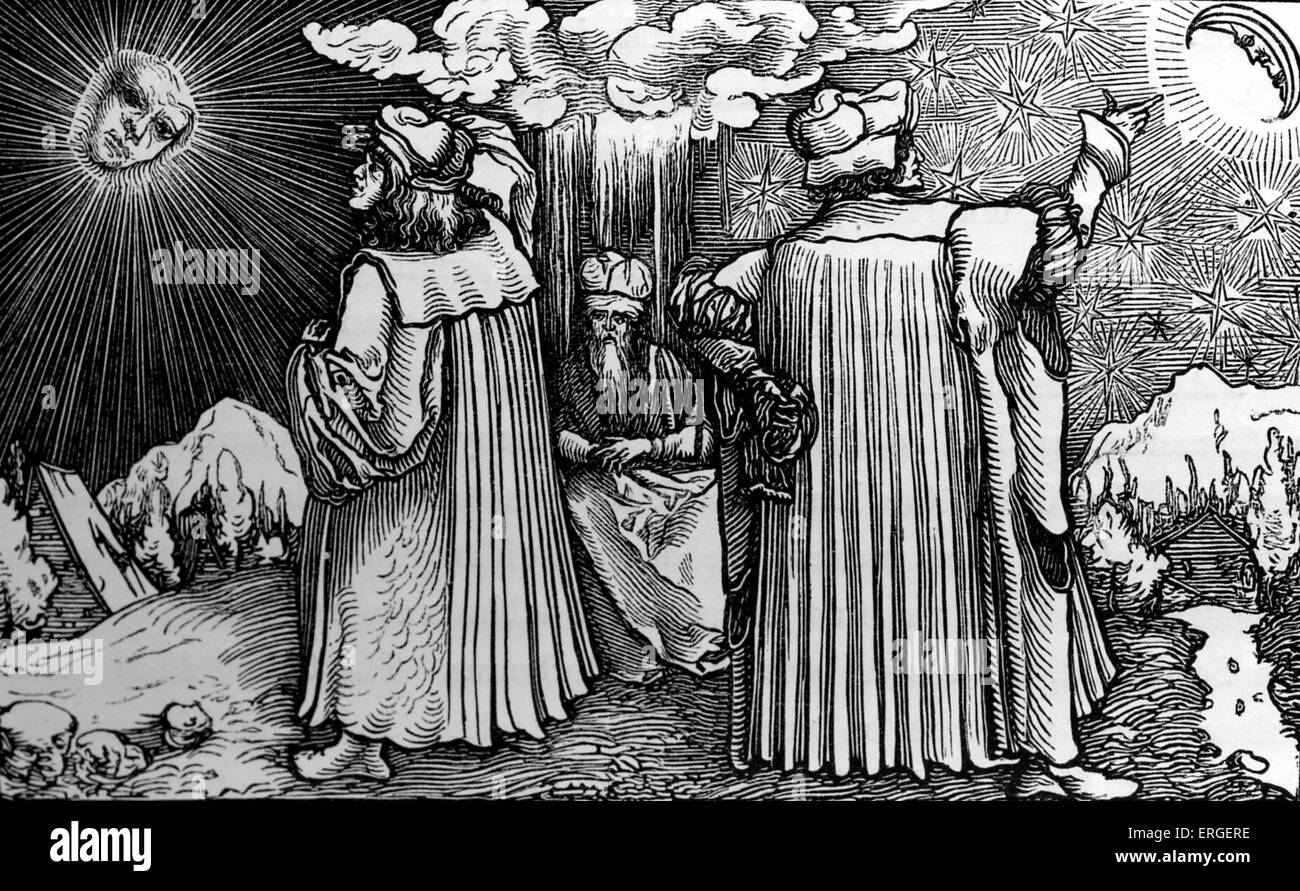 "Los sistemas planetarios' - desde la reproducción del grabado en madera atribuido a Holbein en la traducción en alemán de "la consolación de la filosofía" de Boecio, 1537. Foto de stock