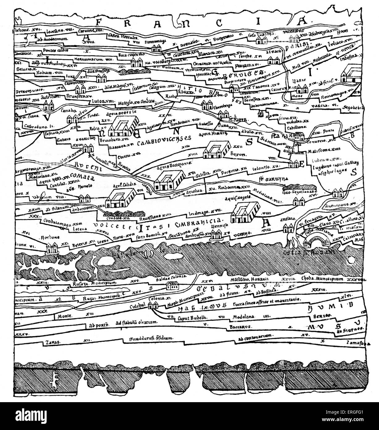 Mapa de las Galias - fragmento. La reducción de fac-símil de Pentinger Mapa del manuscrito en el siglo 13. (Biblioteca Imperial, Viena). Foto de stock