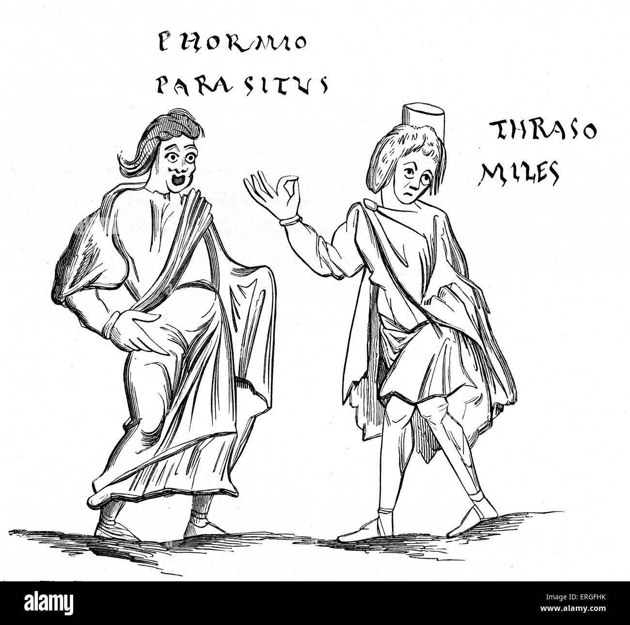 El parásito y el Soldado - representante caracteres del antiguo teatro de comedias de Terence. Manuscrito del siglo 10. Foto de stock