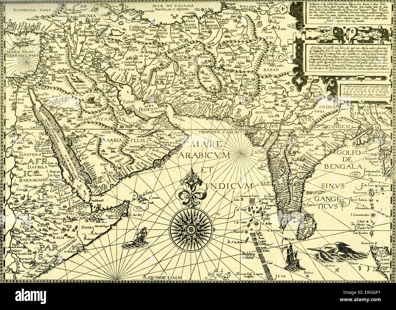 "El Norte de África Oriental, Arabia, Persia e India'- mapa en Linschoten 'Navigatio ac Itinerarium, etc.", 1599. Jan Huyghen van Foto de stock