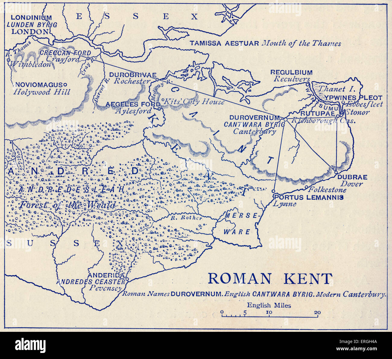 Mapa de Roman Kent. Bretaña romana fue la parte de la isla de Gran Bretaña controlada por el Imperio Romano desde el año 43 hasta c. Foto de stock
