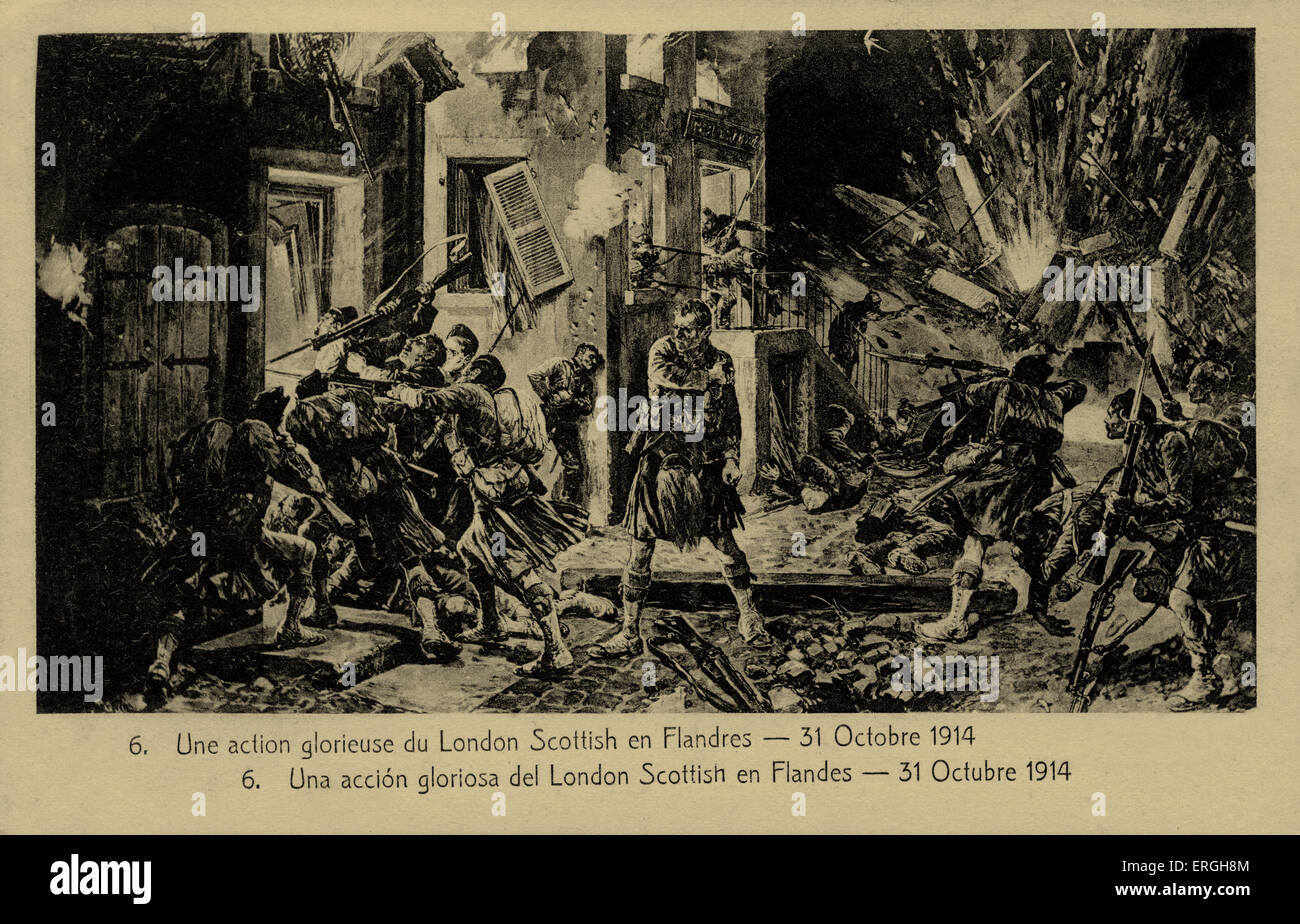 Guerra mundial 1: Acción de Londres Regimiento Escocés en Flandes, el 31 de octubre de 1914. Postal española. Título: "Une la acción glorieuse Foto de stock