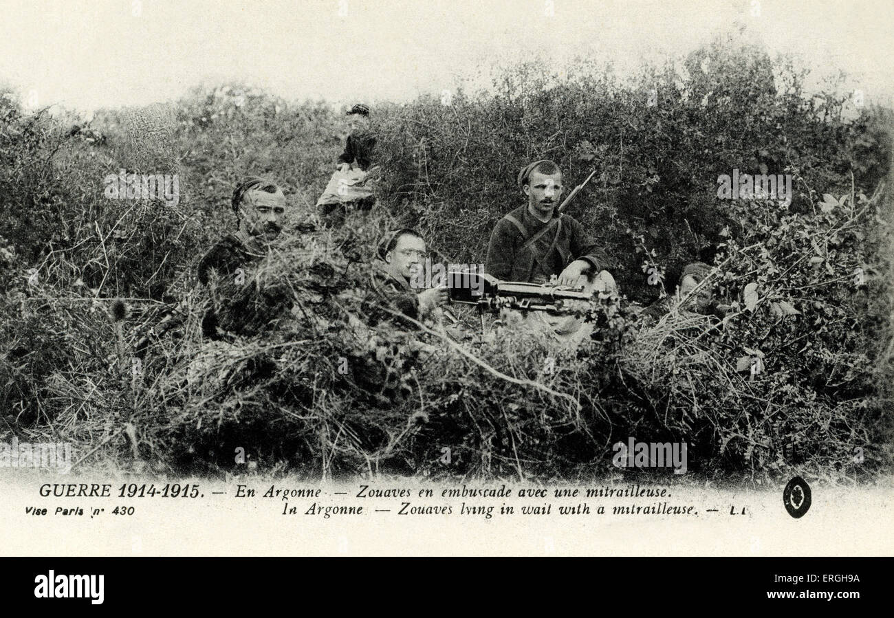 Guerra mundial 1: Regimiento Zouve al acecho con mitrailleuse (Francés montado rápido-disparar arma de fusil calibre) en la Forst Foto de stock