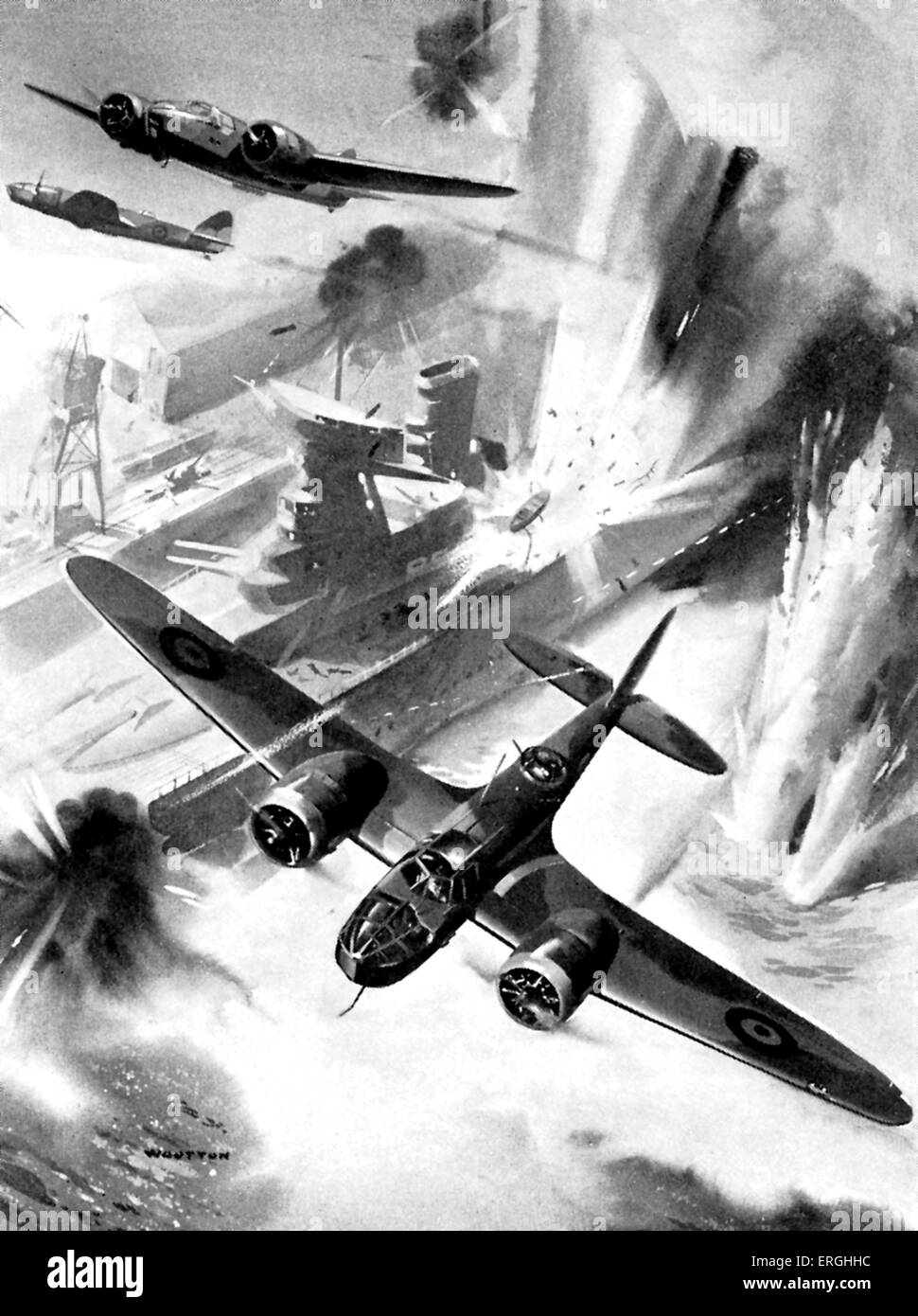 WW2: Royal Air Force británica Raid en Kiel, el 4 de septiembre de 1939. R.A.F. bombarderos atacaron a los buques de guerra alemanes y Wilhelkmshaven Foto de stock