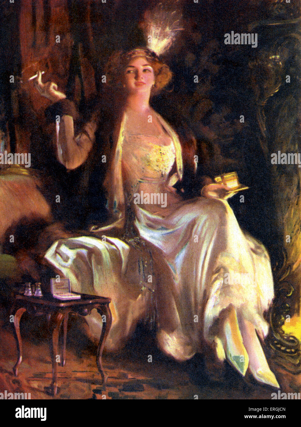 Edwardian mujer fumar cigarrillos. Anuncio 1930. Artista desconocido. Foto de stock