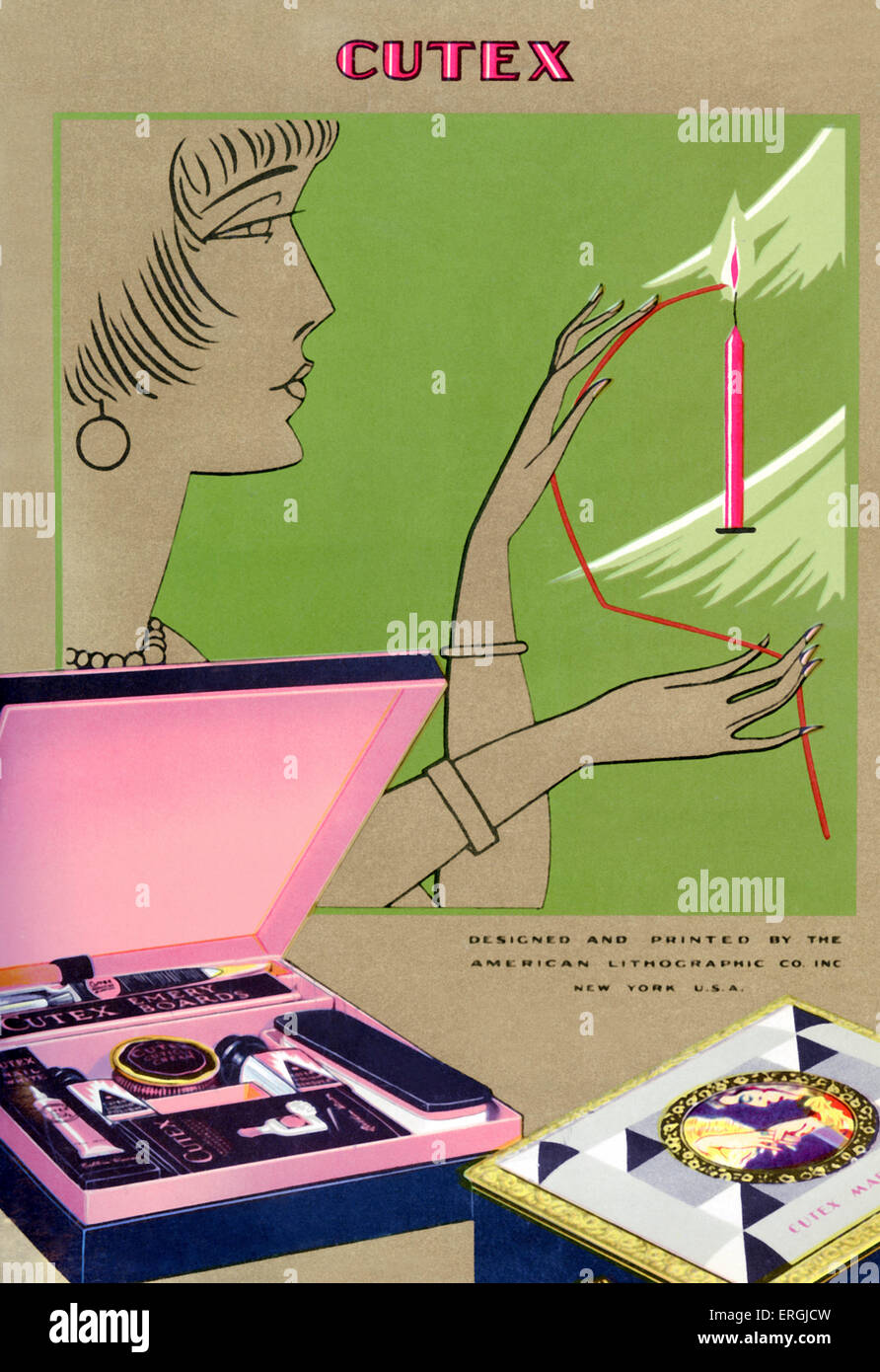 Juego de manicura uñas Cutex anuncio. Diseñado por el norteamericano Litografía Co., 1930. Foto de stock