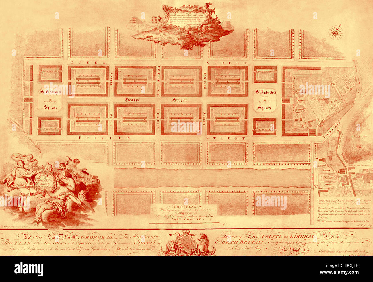 Nuevo plan de la ciudad de Edimburgo, en 1767. Llevada a cabo por Lord Provost Gilbert Laurie, Esq. Lee:' su sagrada Majestad Jorge III El Foto de stock