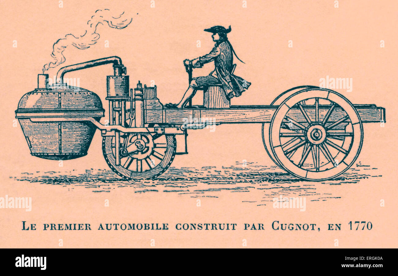 Primer automóvil construidas por Cugnot en 1770. Ilustración por
