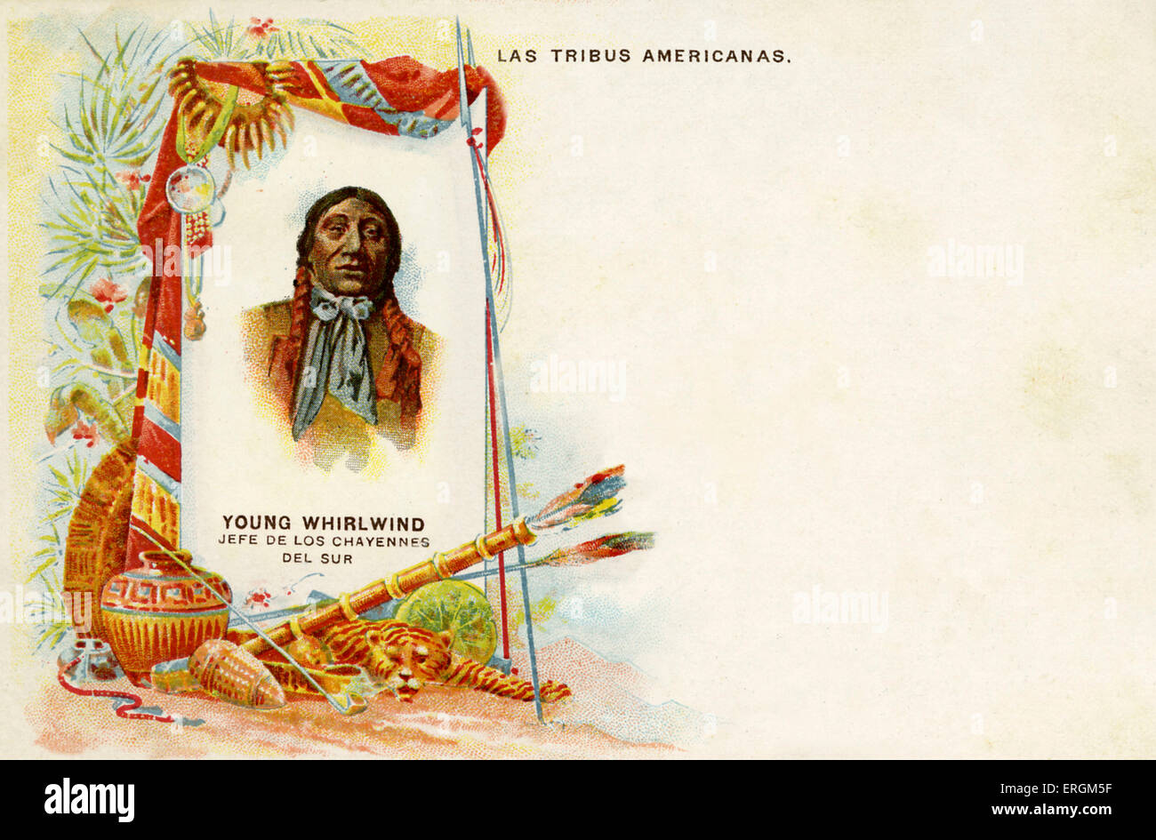 "Joven jefe Torbellino', Jefe de Chayanne, ilustración en un lienzo, junto a varios objetos nativos americanos idealizada: un fármaco, una olla, pieles, flechas y lanzas. Foto de stock