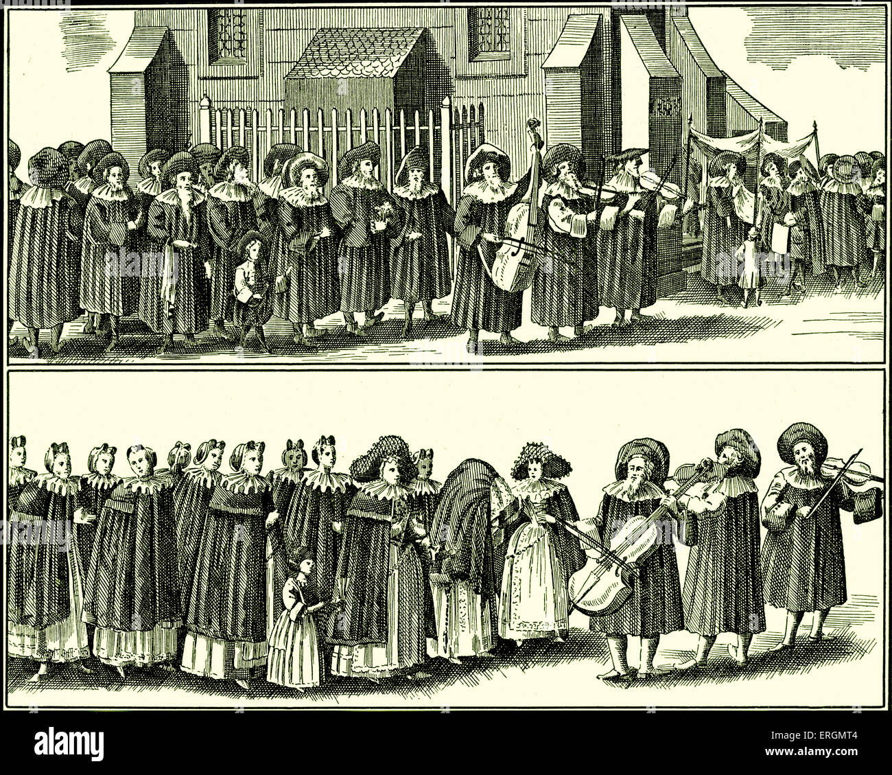 Procesiones de boda para el novio y la Novia judía, c. 1700. Después de una ilustración de Kirchner, 'Judisches Ceremoniell'.1726. Nota Foto de stock