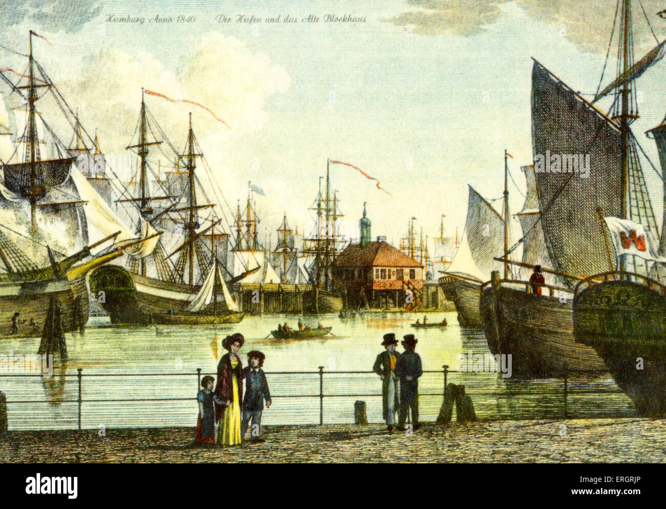 Hamburgo en 1840. Vista de la ciudad, la zona del puerto de veleros con  viejos loghouse (Blockhaus). Madre e hijos en permanente Fotografía de  stock - Alamy