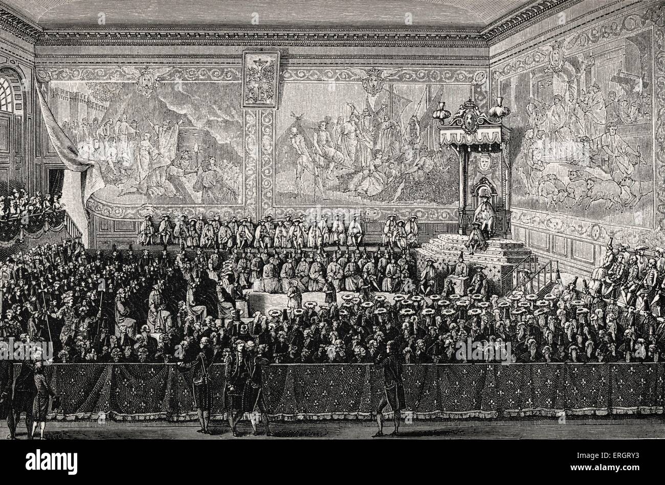 Luis XV, rey de Francia: la cama de justicia celebrada en Versalles, en 1776. Símbolo del poder político sobre el sistema judicial. Foto de stock