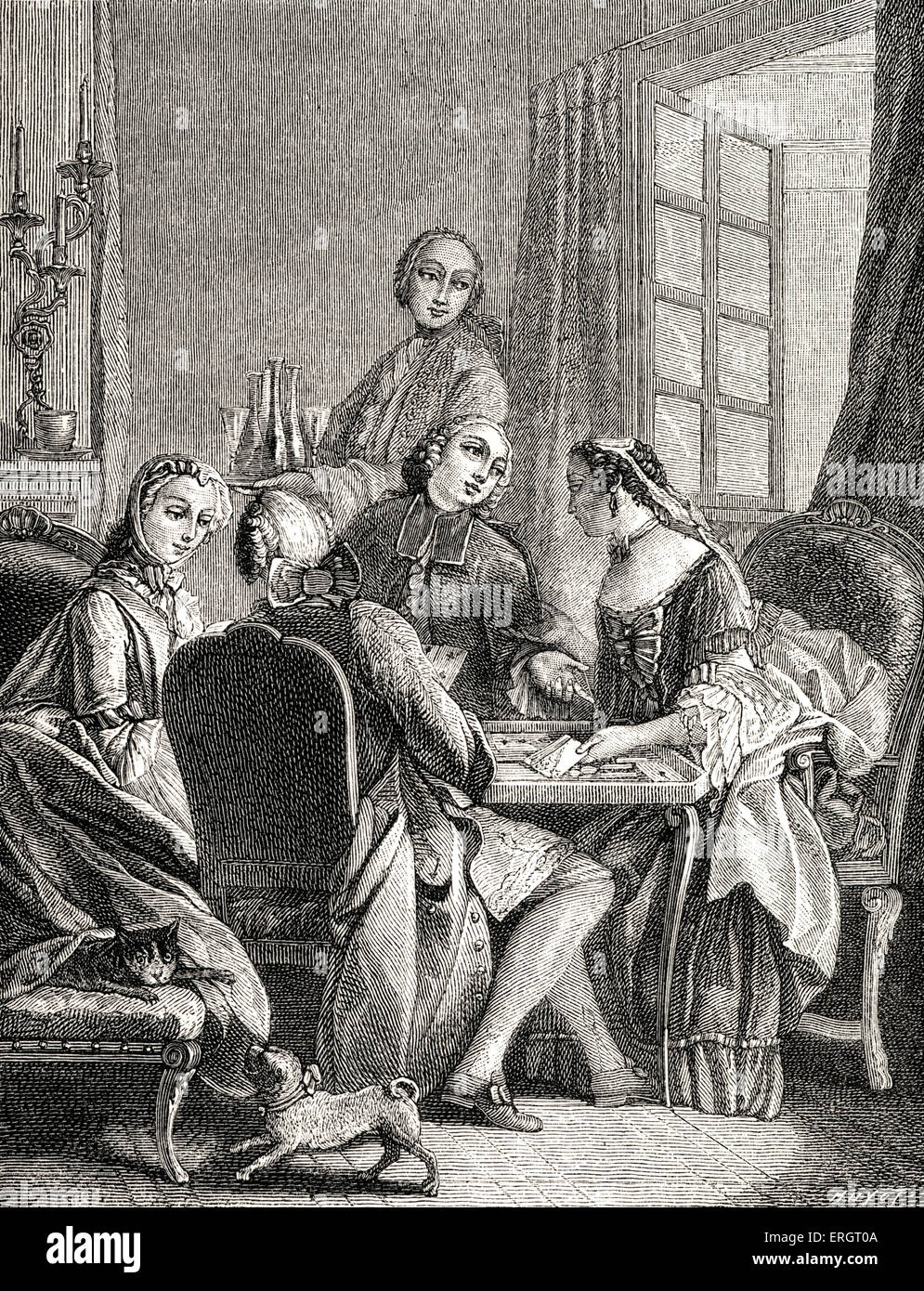 La vida cotidiana en la historia de Francia: la aristocracia jugando un juego del cometa alrededor de una mesa de cartas. Juegos de cartas, juegos, alta sociedad, Foto de stock