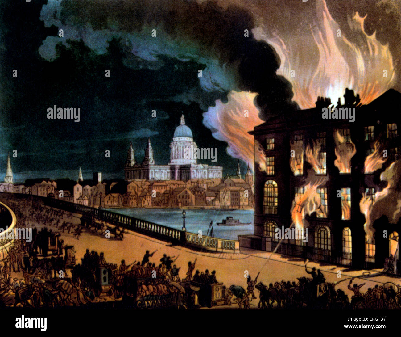 Un incendio en Londres - cruzando el puente de San Pablo 's Catedral desde el microcosmos de Londres , Ackermann 1808. Foto de stock