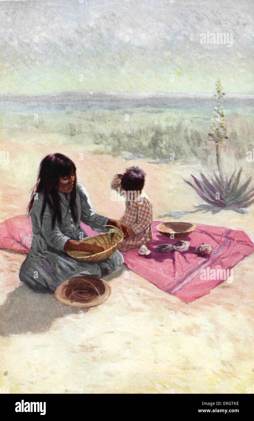 Mujer americana nativa de la tribu Pima, Arizona, tejiendo una canasta de la fibra de la yuca. Por su lado: joven Native American Boy. Los indios Pueblo. Los indios americanos. Artista desconocido Foto de stock