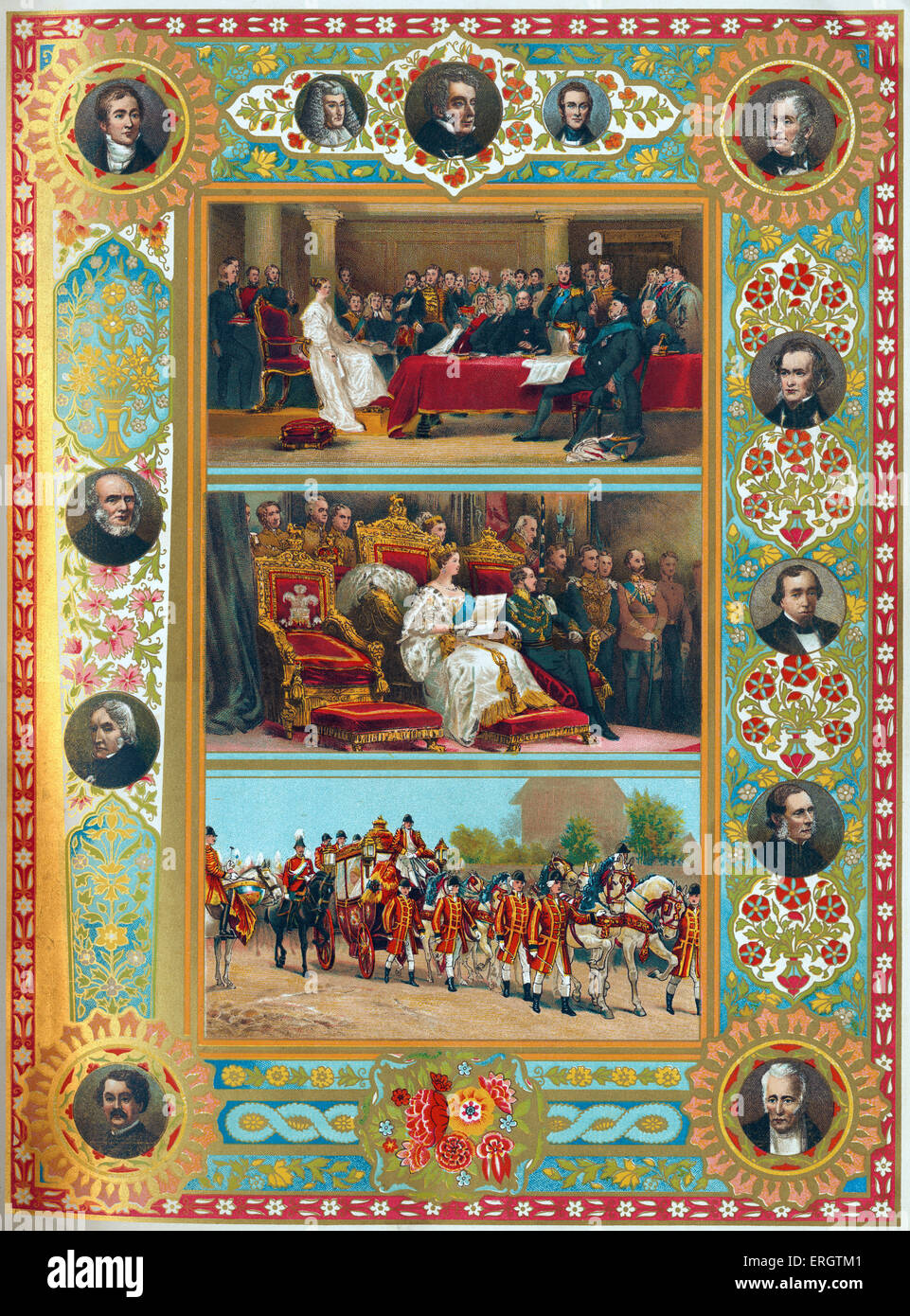 La reina Victoria de Inglaterra - retratos de Su Majestad en su primer consejo, en su primera apertura del parlamento y en el royal Foto de stock