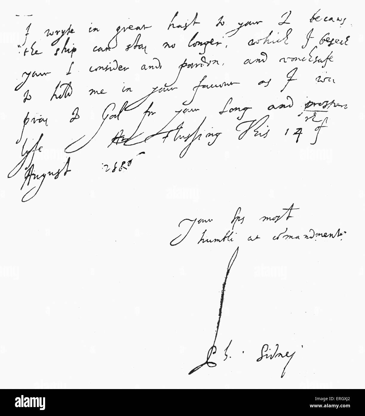 Carta de Philip Sidney a William Cecil, primer barón de Burghley : 15 de agosto de 1506. Manuscrito manuscrito firmado. PH: Inglés Foto de stock