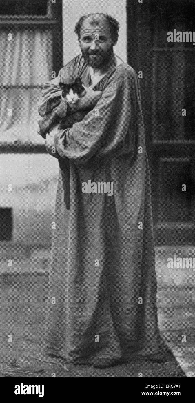 Gustav Klimt retrato con cat . Pintor y artista gráfico austríaco nacido en Viena 1862-1918. Mahler es Viena. Austrian Foto de stock