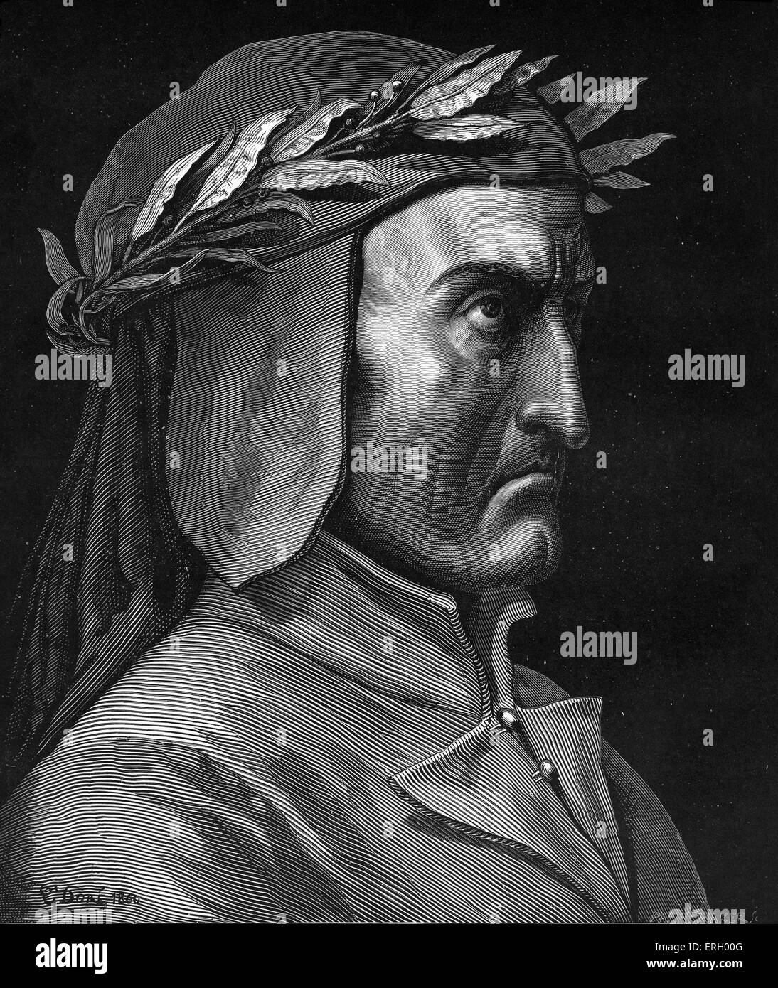 Dante Alighieri, perfil vertical con corona de laurel. Poeta italiano, 1265-1321. Foto de stock