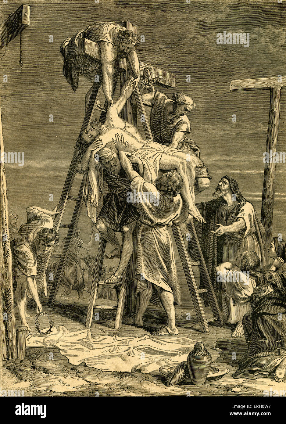 La toma hacia abajo desde la cruz, Mark XV. Desde Cassell ilustrado del Biblia familiar. Mostrando que Jesús es sacado de la cruz Foto de stock