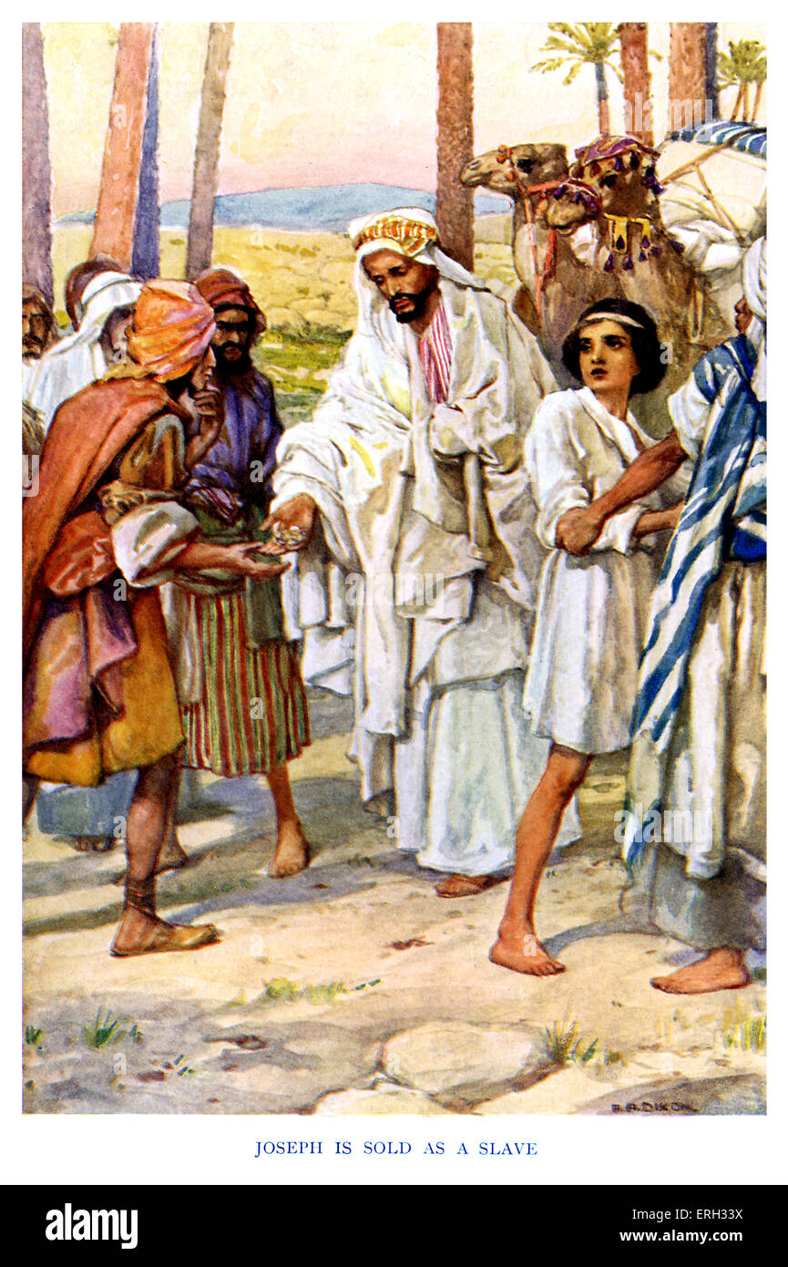 Joseph - título dice, "José es vendido como un esclavo." Génesis 37: 27, "Venid, y déjenos vender á los Ismaelitas y deje Foto de stock