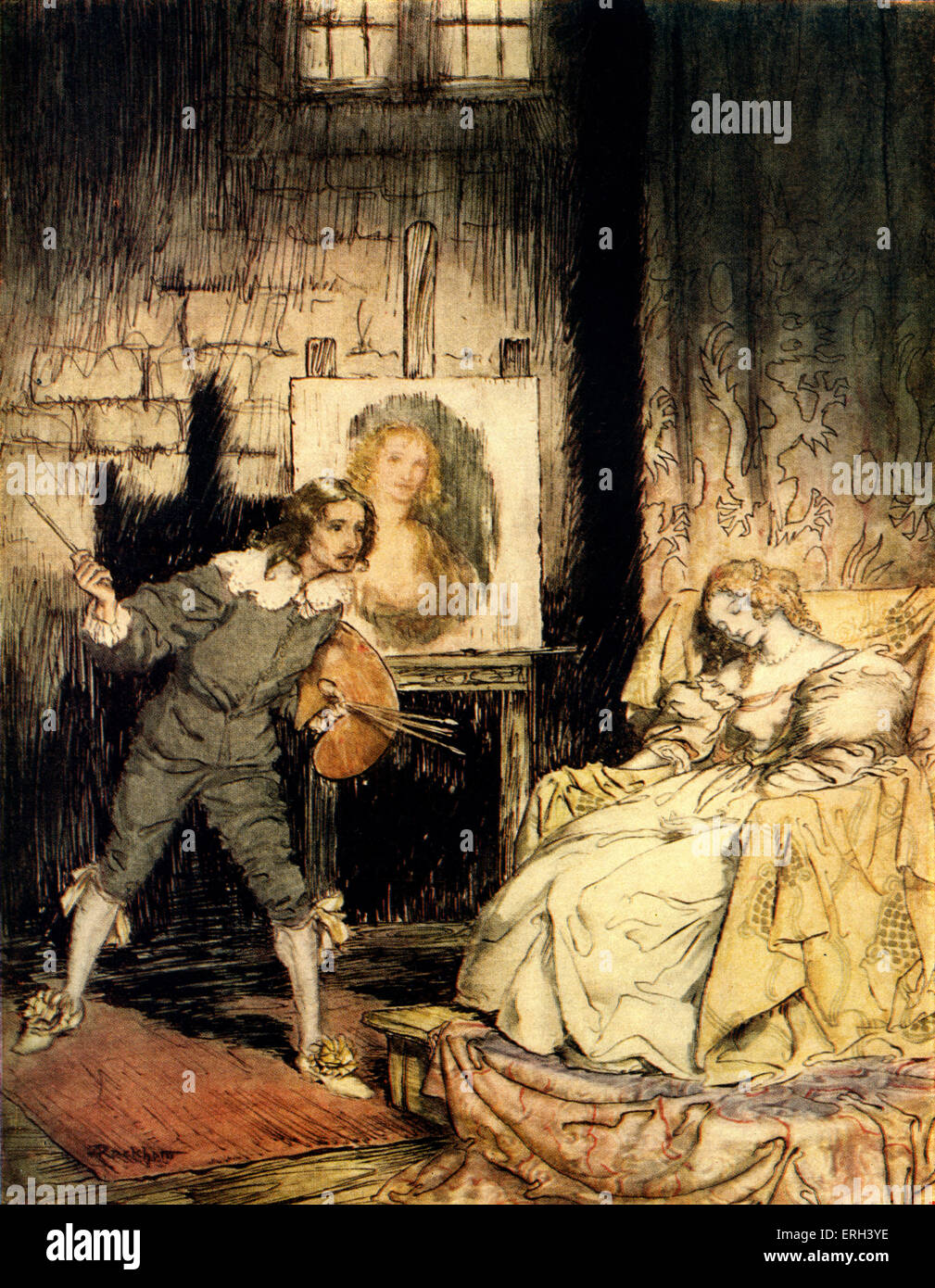 "El retrato Oval" de Edgar Allan Poe. Un artista inadvertidamente mata a su esposa por capturar su alma en un retrato. Título: Foto de stock