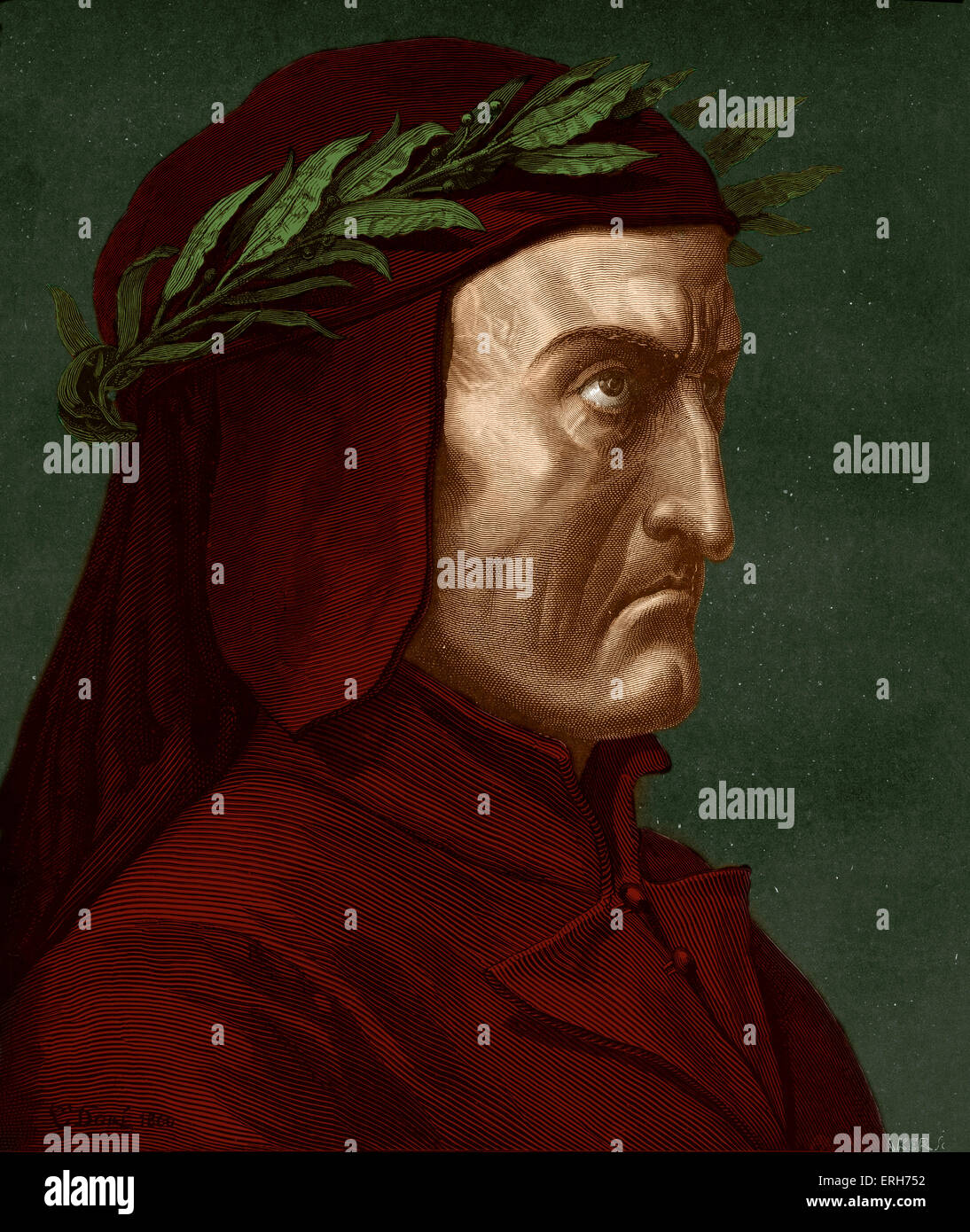 Dante Alighieri, perfil vertical con corona de laurel. Poeta italiano, 1265-1321. Foto de stock