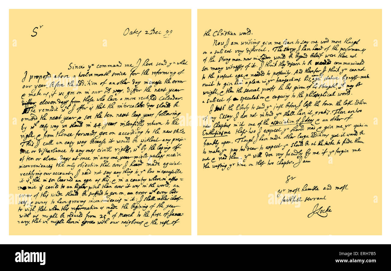 Autógrafo: carta de John Locke al Dr. Hans Sloane, el envío de una propuesta para la reforma del calendario Inglés, y Foto de stock