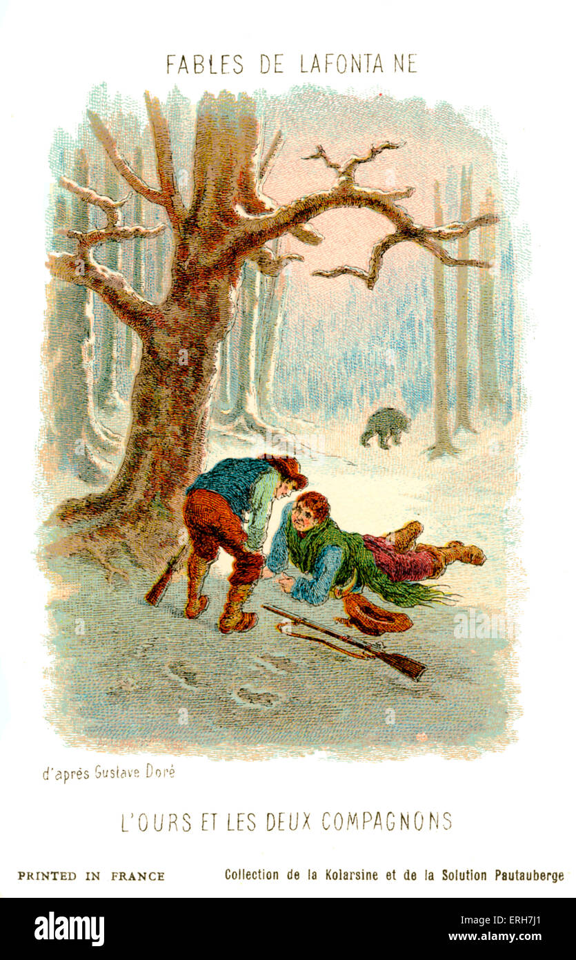 L'Ours et les deux compagnons - la fábula de La Fontaine (El oso y los dos compañeros). Después de la ilustración de Gustave Doré. Foto de stock