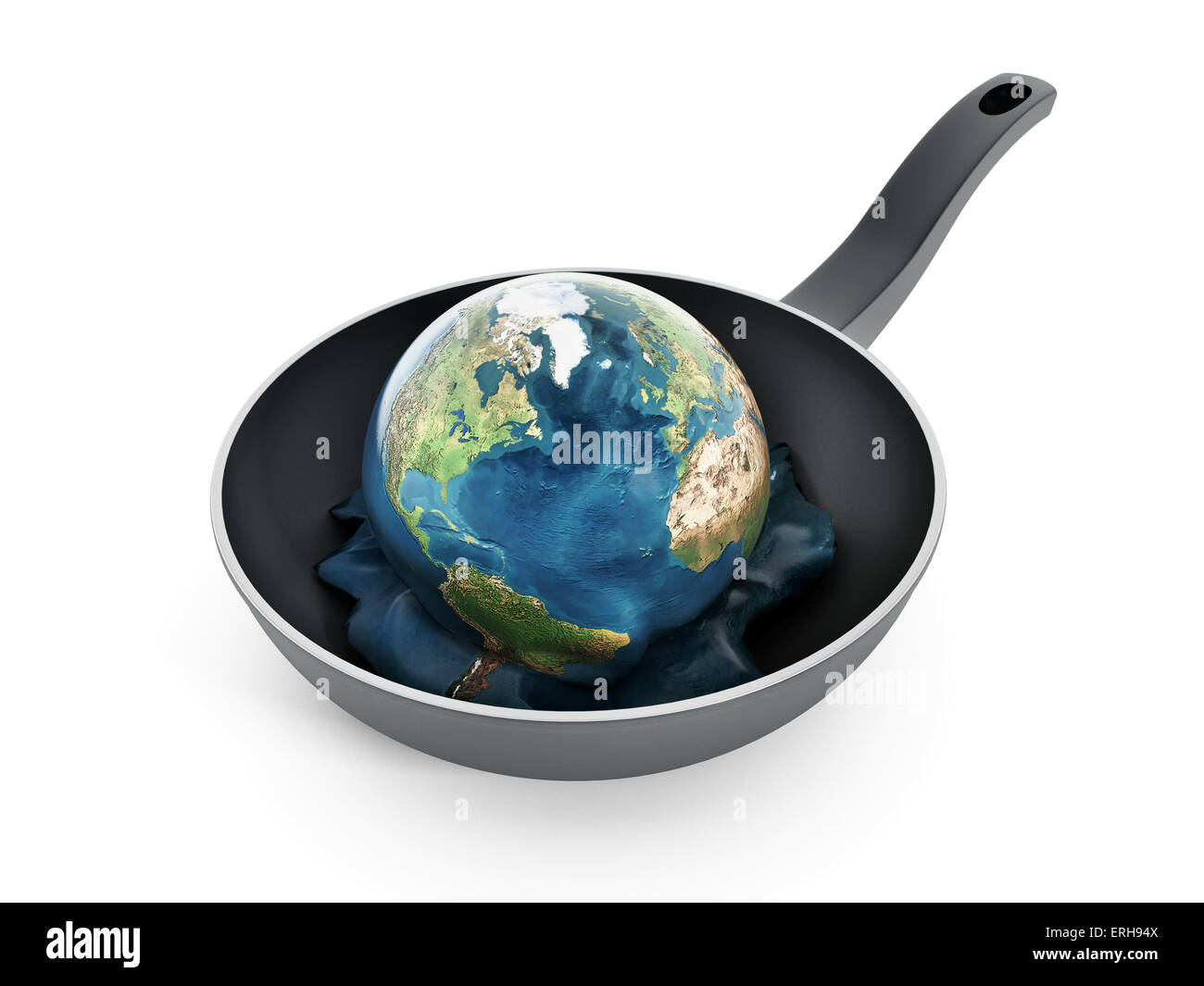 Concepto de calentamiento global con globe derritiendo dentro de la olla. Foto de stock