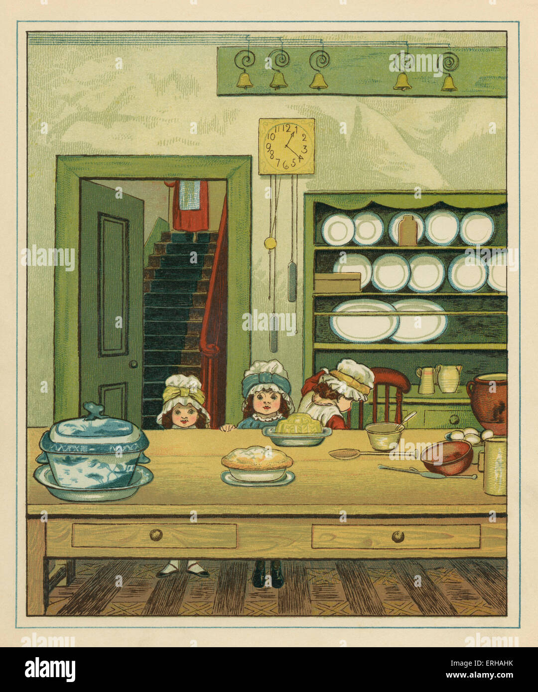 Tres hermanas victoriano en una mesa de comedor en la cocina. Las dos hermanas menores están sentados ante un plato de gelatina, y el mayor Foto de stock