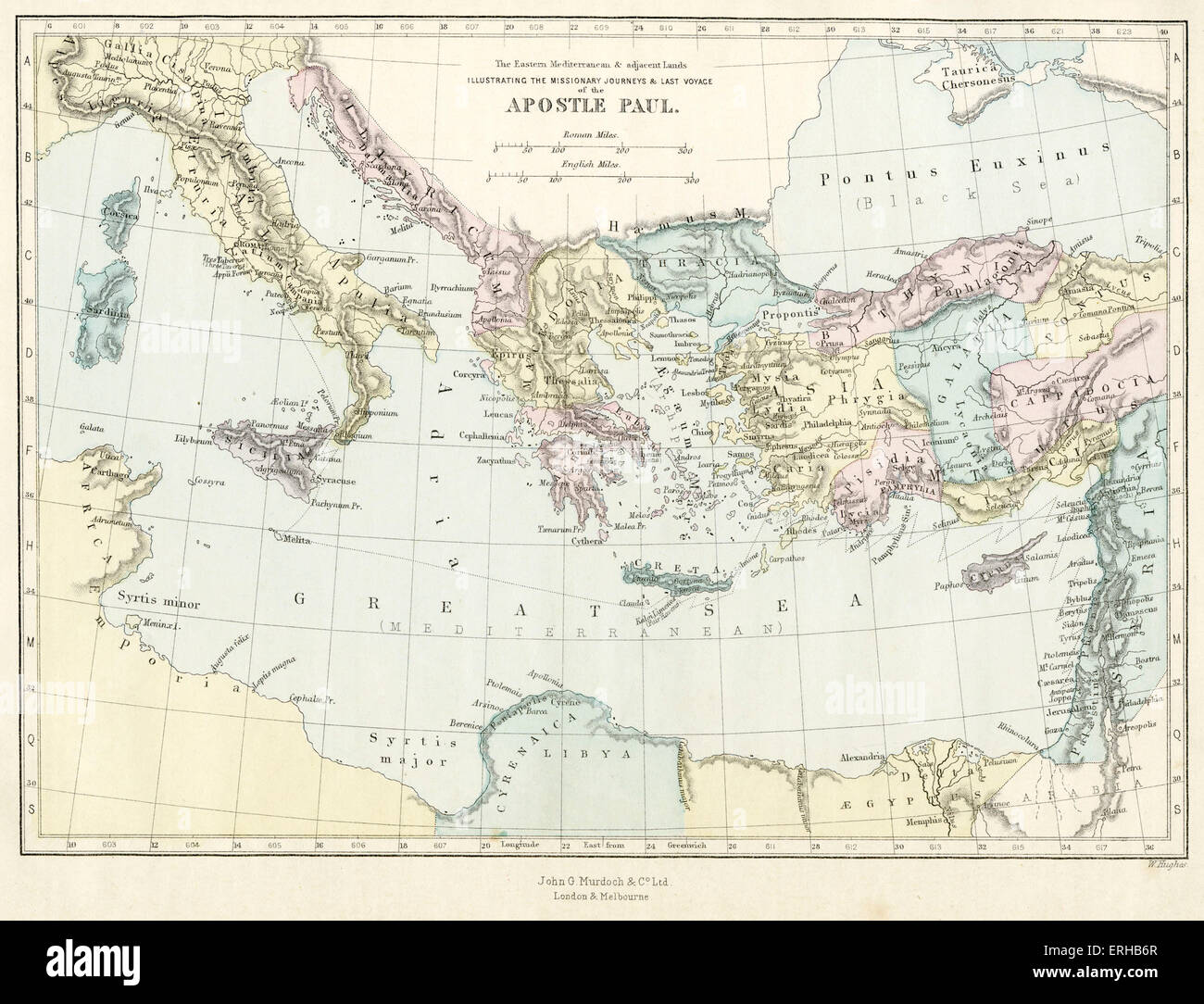 Mapa del siglo xix representando los viajes misioneros y último viaje del apóstol Pablo a través del mediterráneo. Ilustración por Philip Morris R (1836-1902). Foto de stock