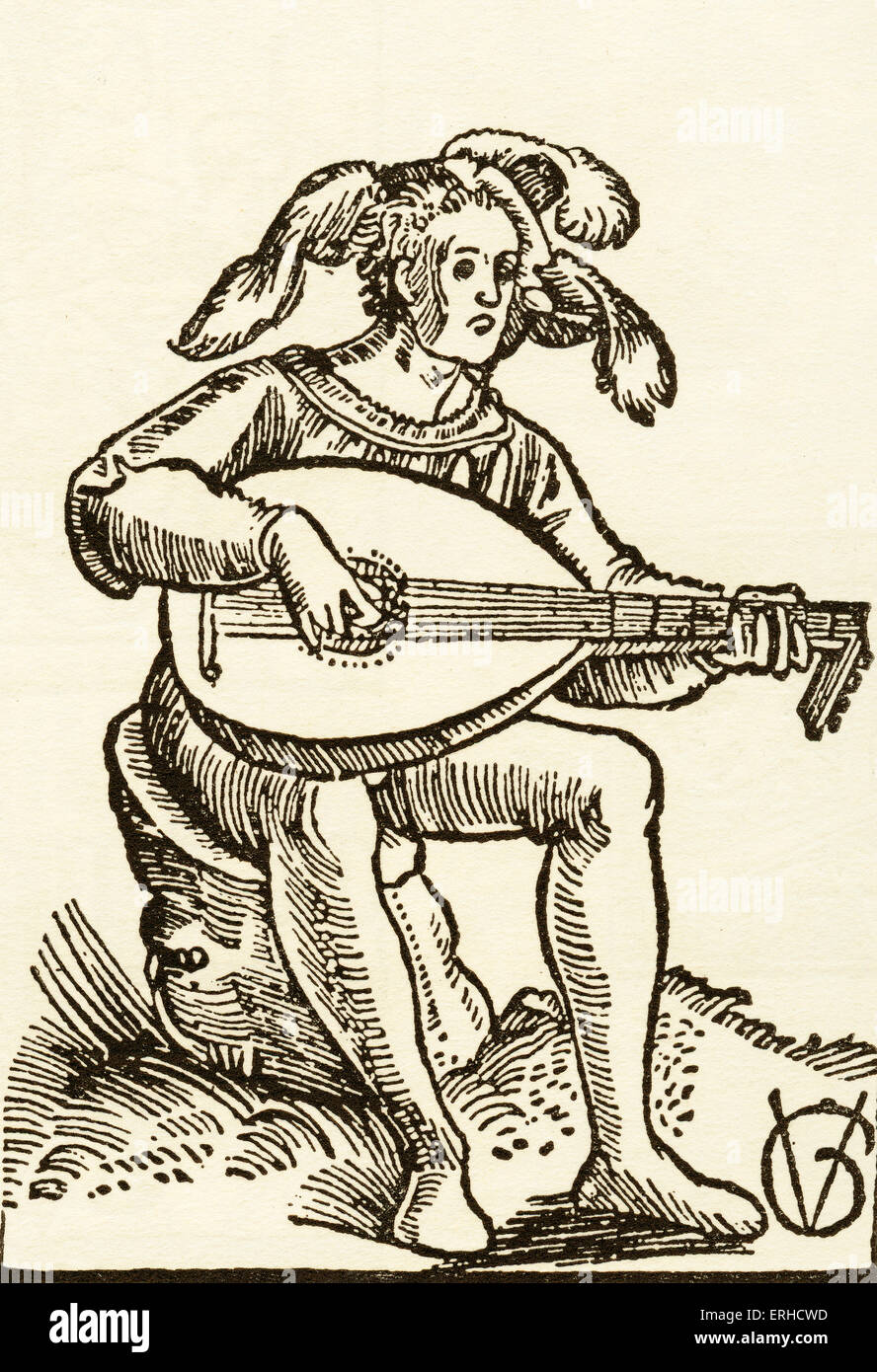 La xilografía, Lute-Player por Urs Graf, 1511. Ilustración de una guía para laúd de jugar. Hombre sentado en un tocado o sombrero y Foto de stock