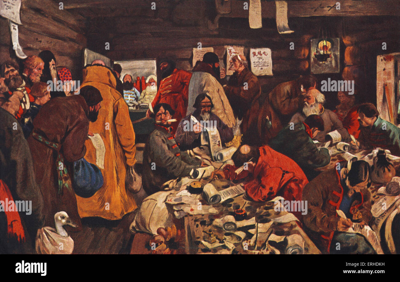 Dentro de una cancillería durante el período moscovita (c. 14th-17th siglos). Ilustración de la tarjeta postal por S. V. Ivanov. Pre-Bolshevik Foto de stock