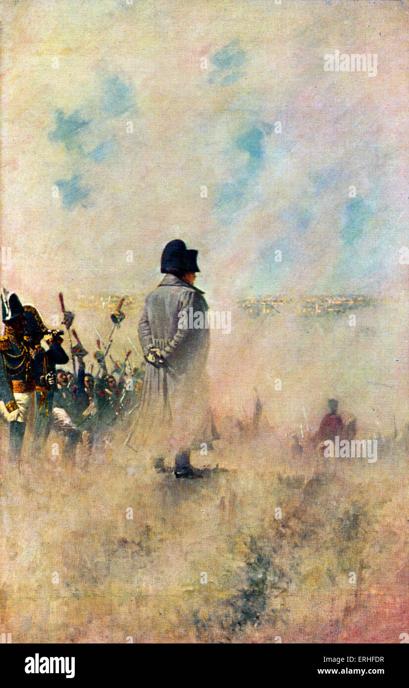 Napoleón Bonaparte en guerra permanente - en el campo de batalla en Moscú, Rusia. Vista posterior, vistiendo emblemático sombrero tricorne. Emperador de Foto de stock