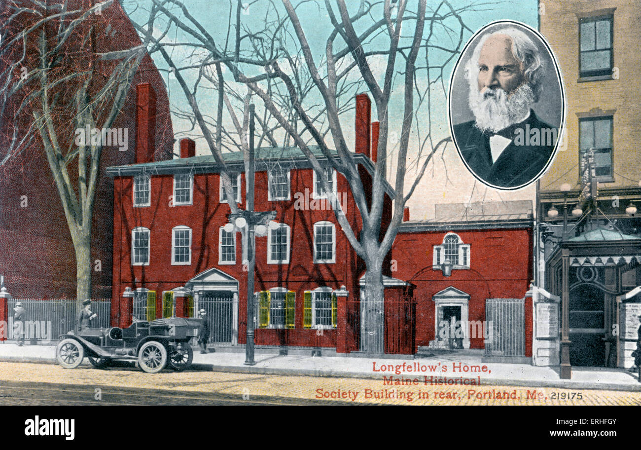 La casa de Longfellow, edificio de la Sociedad Histórica de Maine en la parte trasera, Portland, USA. Inset retrato de Henry Wadsworth Longfellow, Foto de stock