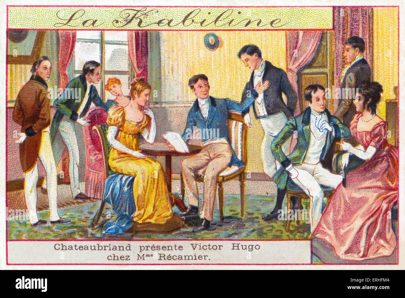 Salón literario - Ilustración de Victor Hugo, siendo presentado a Mme Recamier por Francois-Rene de Chateaubriand. Hugo: Francés Foto de stock