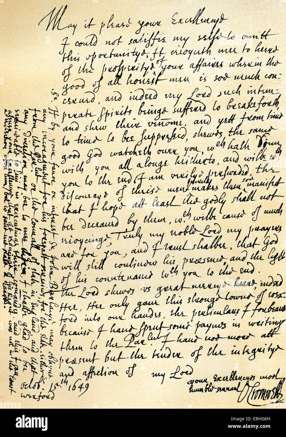 Oliver Cromwell - carta manuscrita a Lord Fairfax, felicitarle por el éxito de sus asuntos y anunciando la Foto de stock