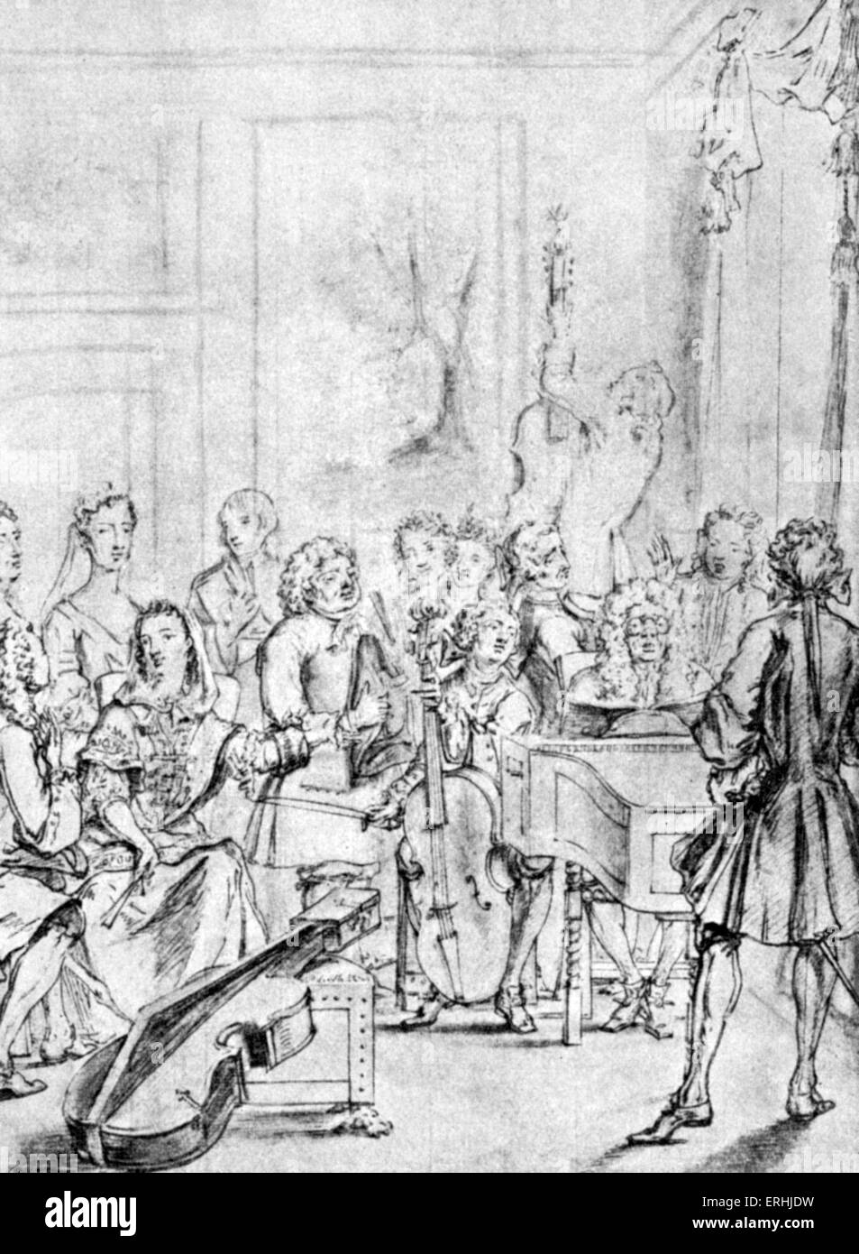Recital de Música en la casa de un noble. Dibujo de Marcellus Lason, 1736. Foto de stock