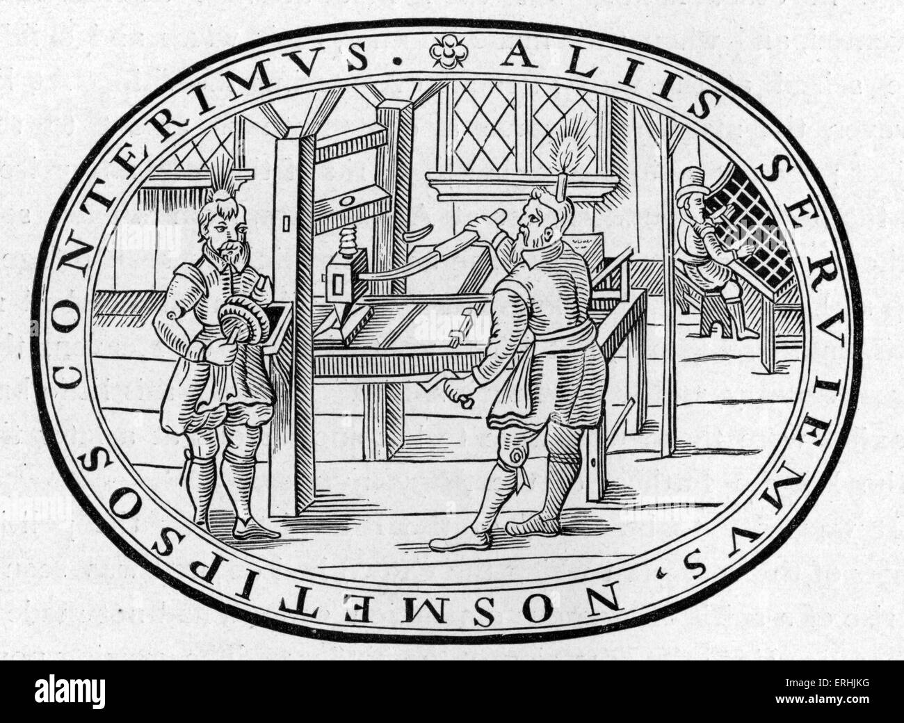 Imprenta en inglés en 1619. Lee 'Alliis serviemus, nosmetipsos conterimus'. Foto de stock