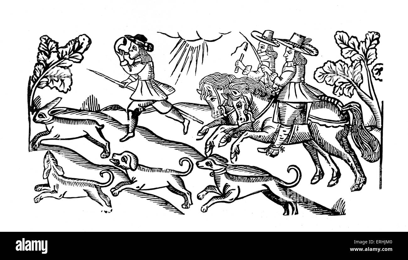 Los cazadores, c. 1680-1700. Dos hombres a caballo y suena una bocina. Varios perros persiguiendo una liebre. Tomada desde mediados 17a. Foto de stock