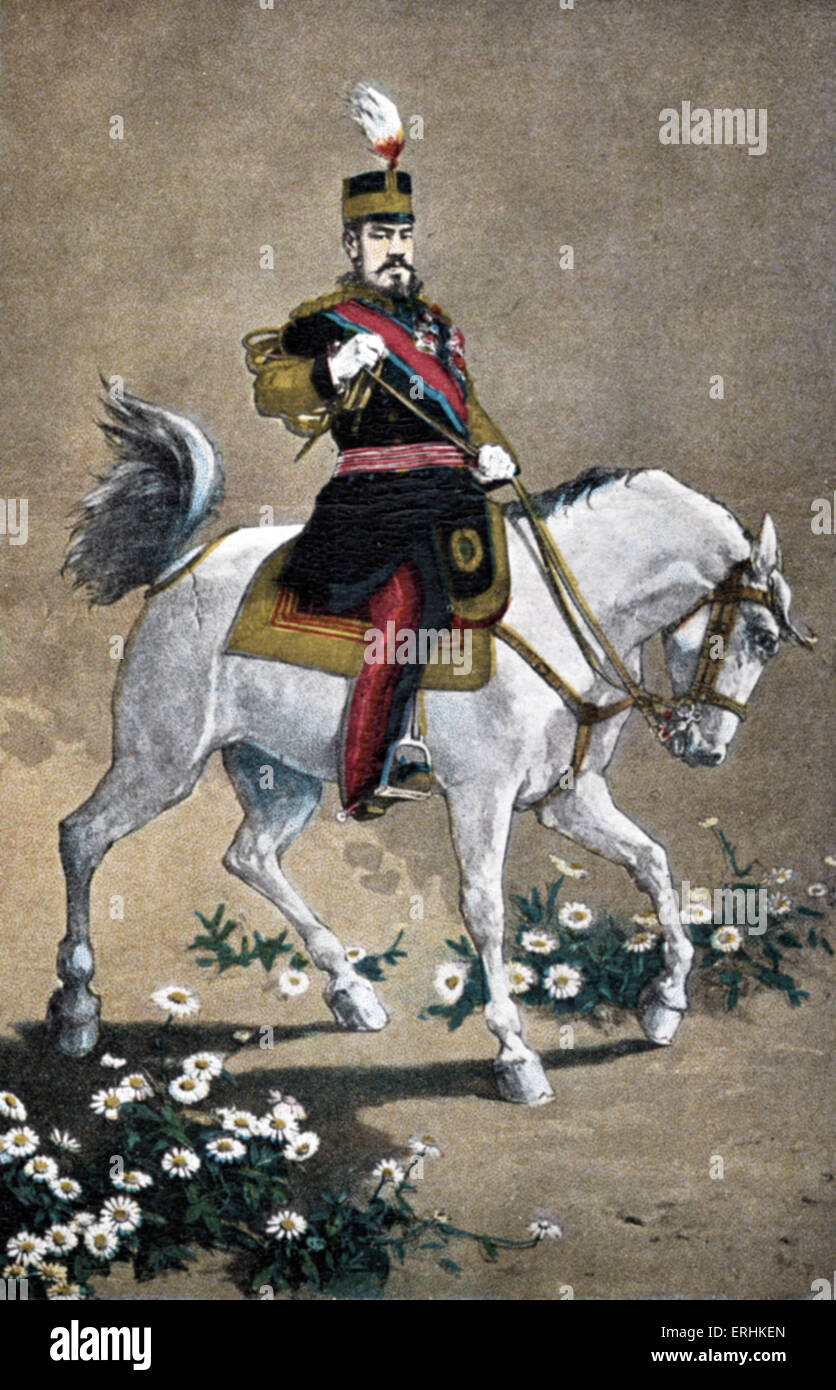 El Mikado, emperador de Japón, a caballo. Ilustración de un artista japonés. Foto de stock