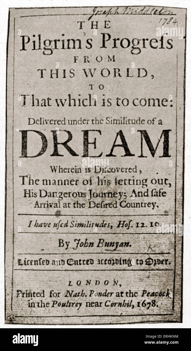 John Bunyan - Página de título del escritor inglés 's libro "El progreso del peregrino" (primera edición, 1678). "El progreso del peregrino Foto de stock